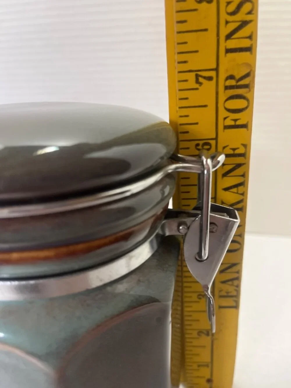 Pier 1 Six Inch Ceramic Hexagonal Canister with Latch Lid in Brown & Green Glaze